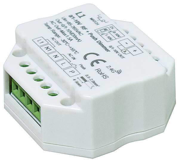 Modulo 1CH Dimmer 0-10V + Relè ON/OFF uscita 230V~, 330W LED, RF 2,4GHz, pulsante cablato, In. 230V~, Serie LIFE512.