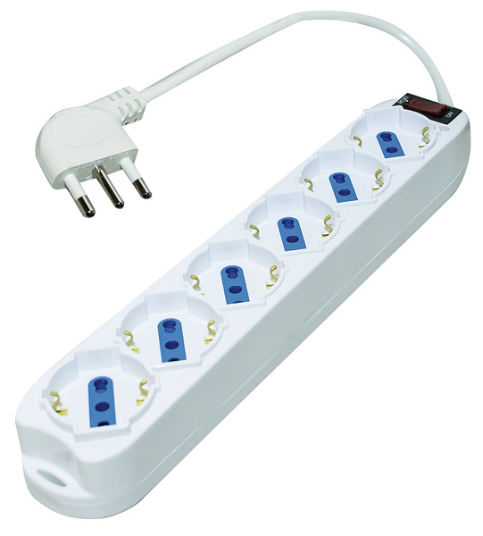MULTIPRESA 6PR. SCHUKO/BIPASSO - SP.16A 90° + INTER. con Protezione da Sovraccarico, 3500W, Cavo 3m