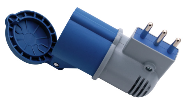 Adattatore CEE Industriale da Spina Rete 16A+T (S17) 90° a Presa CEE IP20, 3 Poli, 16A 250V~ 50/60Hz 1500W MAX, Colore Blu