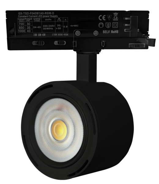 PROIETTORE LED COB PER BINARI, Multipower 30W-35W-40W, 24°-60°, 3000K/4000K/6500K, LM4100, CRI90, UGR<13, Colore Nero, 110x165x83mm PROIETTORE LED COB PER BINARI, Multipower 30W-35W-40W, 24°-60°, 3000K/4000K/6500K, LM4100, CRI90, UGR<13, Colore Nero, 110x165x83mm