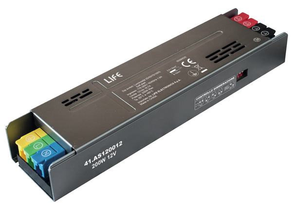 Alimentatore Metallico Serie 1 slim, 12Vdc 16,7A 200W Input 176-264Vac con soft start e selettore Luminosità 25/50/75/100%  Dim : 191*49*29mm