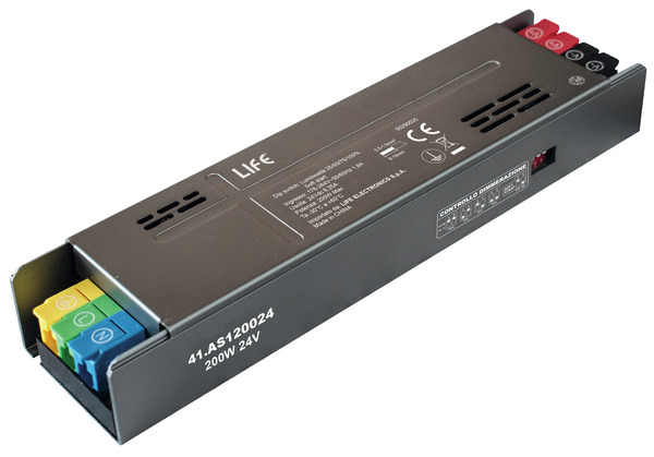 Alimentatore Metallico Serie 1 slim, 24Vdc 8,35A 200W Input 176-264Vac con soft start e selettore Luminosità 25/50/75/100%  Dim : 191*49*29mm