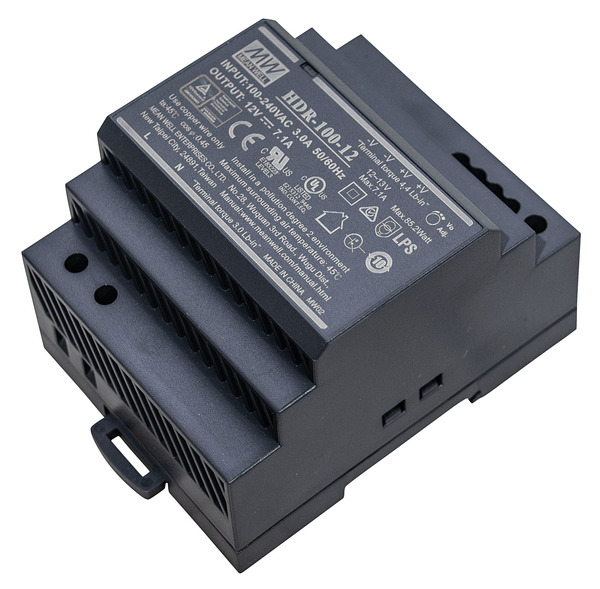 Aliment. Ultra Slim DIN Rail,12Vdc 7,1A 85,2W IN:85-264V~ DIM:70x90x54,5mm HDR-100-12 MEAN WELL