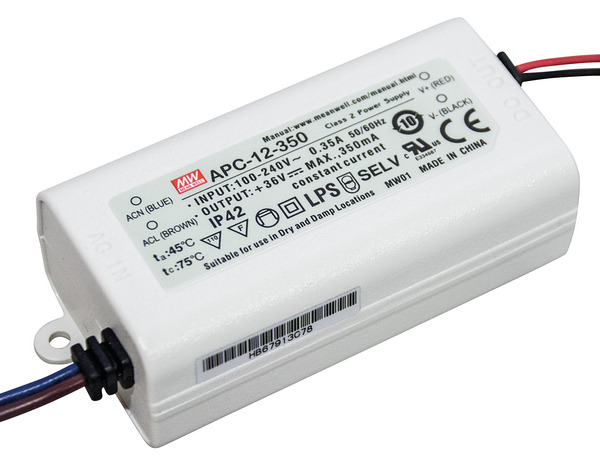 Aliment. corrente costante 350mA,9-36V,12,6W,77x40x29mm APC-12-350 MEAN WELL
