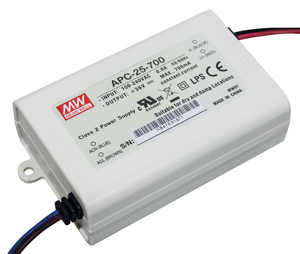 Aliment. corrente costante 700mA, 11-36V, 25.2W, 84x57x29.5mm APC-25-700 MEAN WELL