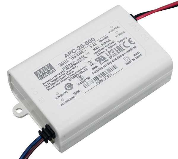Aliment. corrente costante 500mA, 15-50V, 25.2W, 84x57x29.5mm APC-25-500 MEAN WELL