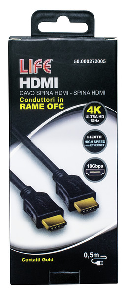 CAVO SP.HDMI - SP.HDMI L. 0.5m, DORATO, D.6mm, RAME OFC, 4K@50/60Hz HIGH SPEED + ETHERNET, 3D, NERO, Box