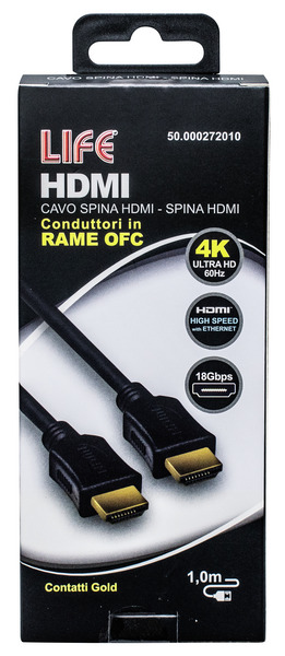 CAVO SP.HDMI - SP.HDMI L. 1.0m, DORATO, D.6mm, RAME OFC, 4K@50/60Hz HIGH SPEED + ETHERNET, 3D, NERO, Box