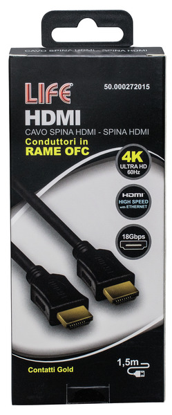 CAVO SP.HDMI - SP.HDMI L. 1.5m, DORATO, D.6mm, RAME OFC, 4K@50/60Hz HIGH SPEED + ETHERNET, 3D, NERO, Box