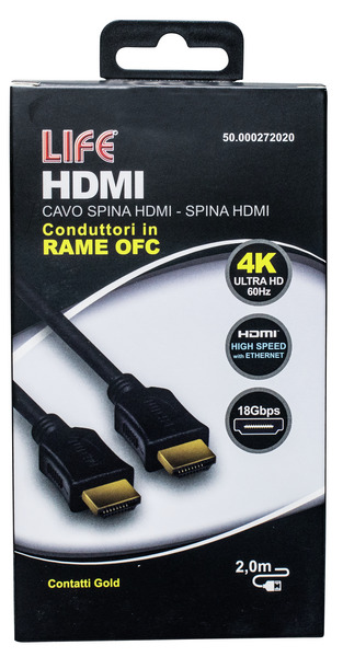 CAVO SP.HDMI - SP.HDMI L. 2.0m, DORATO, D.6mm, RAME OFC, 4K@50/60Hz HIGH SPEED + ETHERNET, 3D, NERO, Box