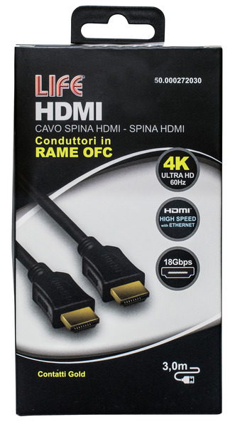 CAVO SP.HDMI - SP.HDMI L. 3.0m, DORATO, D.6mm, RAME OFC, 4K@50/60Hz HIGH SPEED + ETHERNET, 3D, NERO, Box