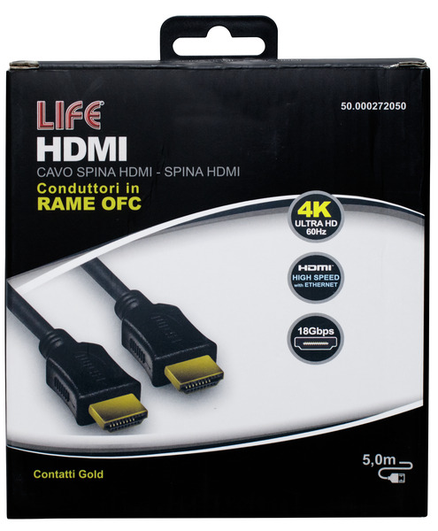 CAVO SP.HDMI - SP.HDMI L. 5.0m, DORATO, D.6mm, RAME OFC, 4K@50/60Hz HIGH SPEED + ETHERNET, 3D, NERO, Box