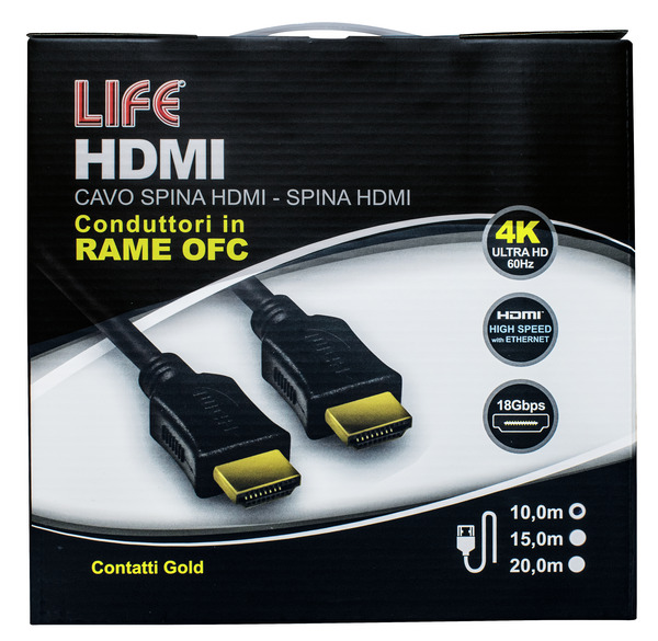 CAVO SP.HDMI - SP.HDMI L. 10.0m, DORATO, D.6mm, RAME OFC, 4K@50/60Hz HIGH SPEED + ETHERNET, 3D, NERO, Box