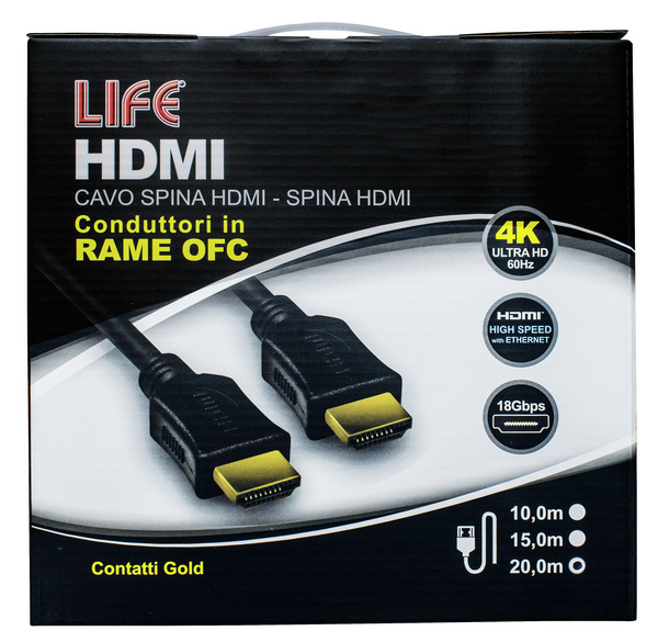 CAVO SP.HDMI - SP.HDMI L. 20.0m, DORATO, D.6mm, RAME OFC, 4K@50/60Hz HIGH SPEED + ETHERNET, 3D, NERO, Box CAVO SP.HDMI - SP.HDMI L. 20.0m, DORATO, D.6mm, RAME OFC, 4K@50/60Hz HIGH SPEED + ETHERNET, 3D, NERO, Box